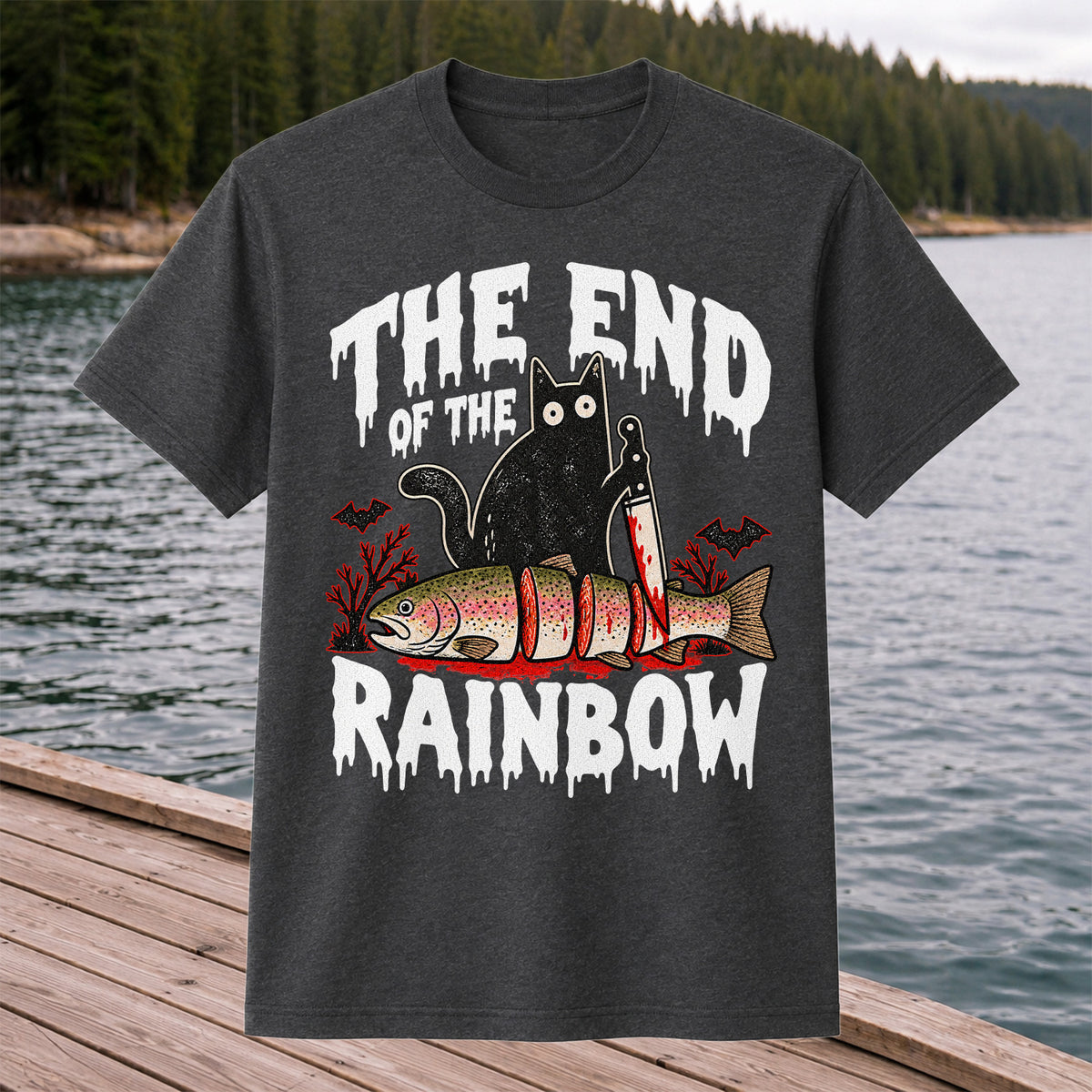The End of the Rainbow Black Cat and Rainbow Trout Halloween Fishing T-Shirt