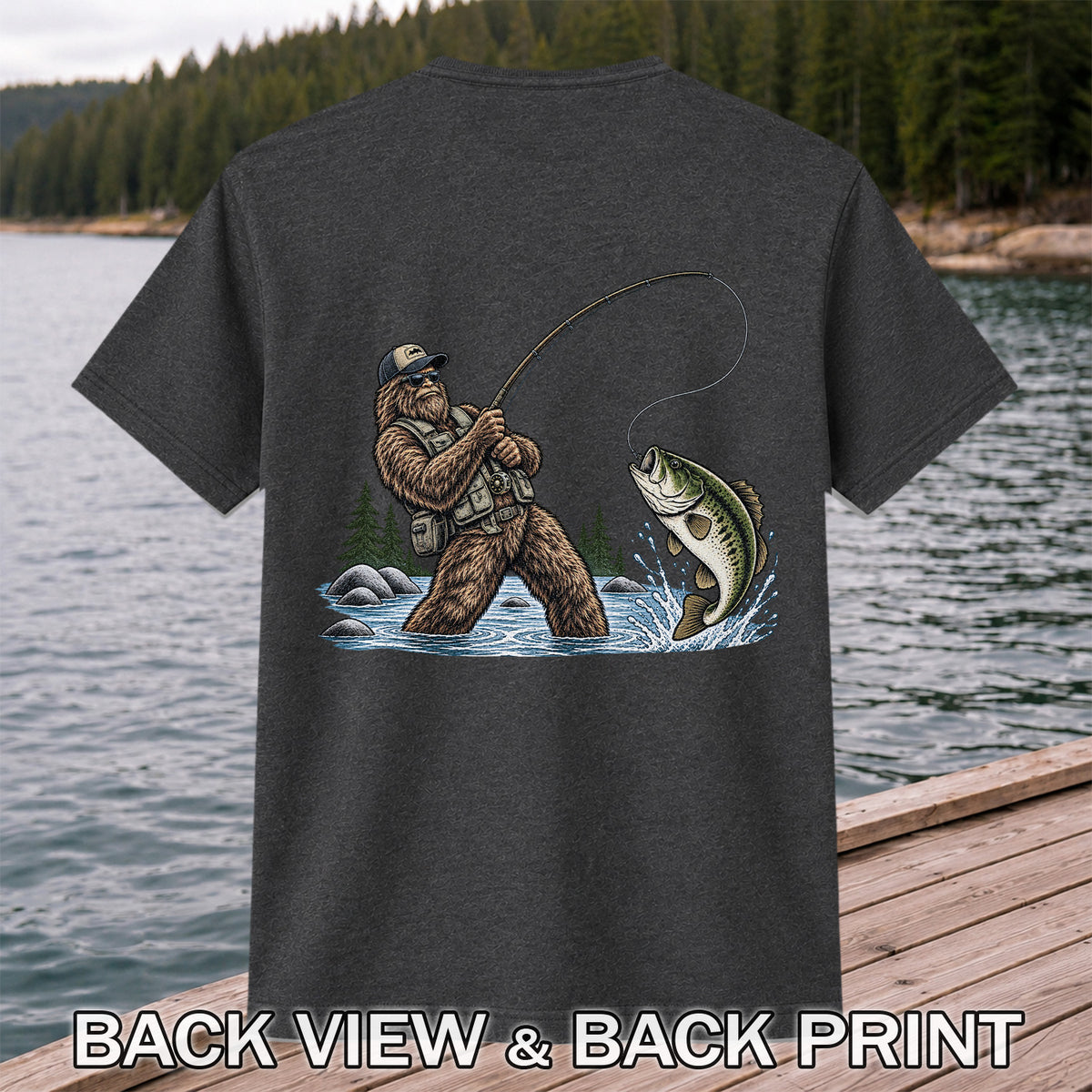Bear Catching Bass Fishing Graphic T-Shirt | Back Print