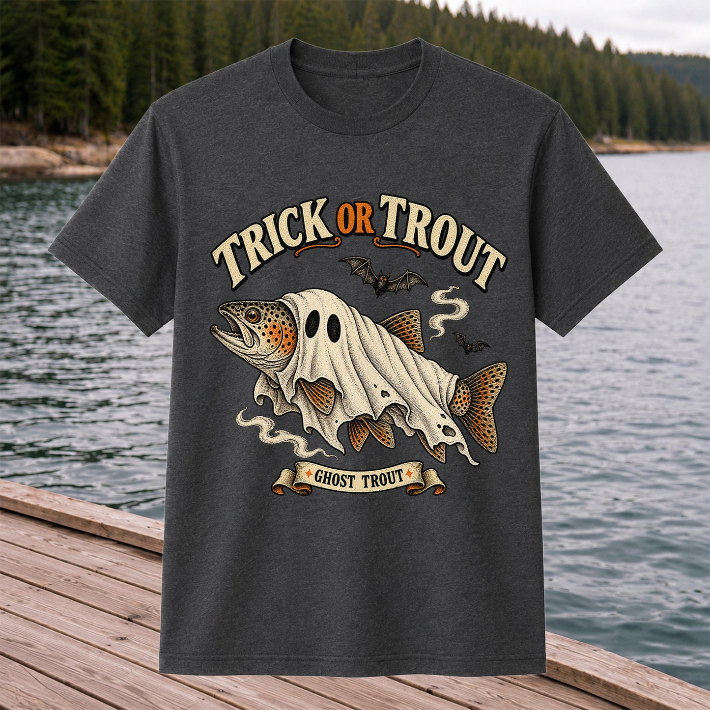 Trick or Trout Ghost Trout Halloween Fishing T-Shirt