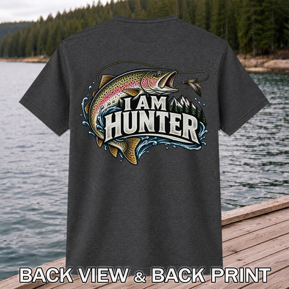 I Am Hunter Rainbow Trout Fly Fishing Mountain Graphic T-Shirt | Back Print