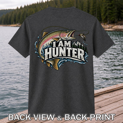 I Am Hunter Rainbow Trout Fly Fishing Mountain Graphic T-Shirt | Back Print