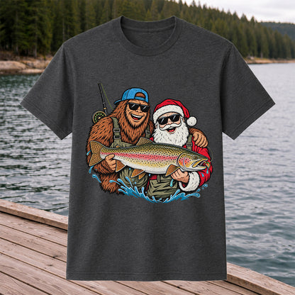 Bigfoot and Santa Holding Rainbow Trout Christmas Fishing Graphic T-Shirt