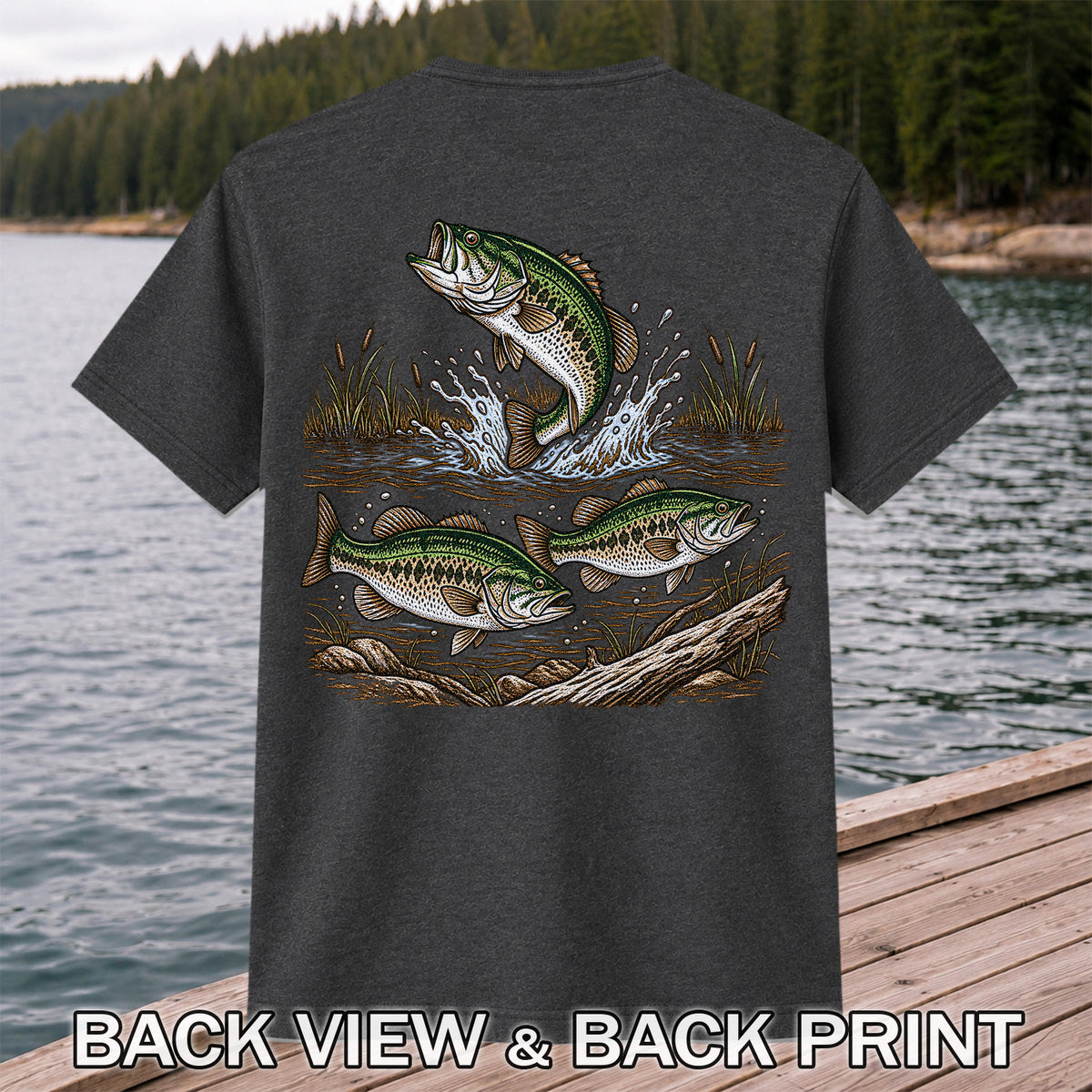 Largemouth Bass Jumping River Fishing Graphic T-Shirt | Back Print