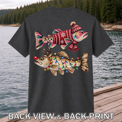 Festive Christmas Fish with Lights Fishing Graphic T-Shirt | Back Print