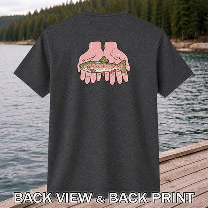 Rainbow Trout Held in Pink Hands Fishing Graphic T-Shirt | Back Print