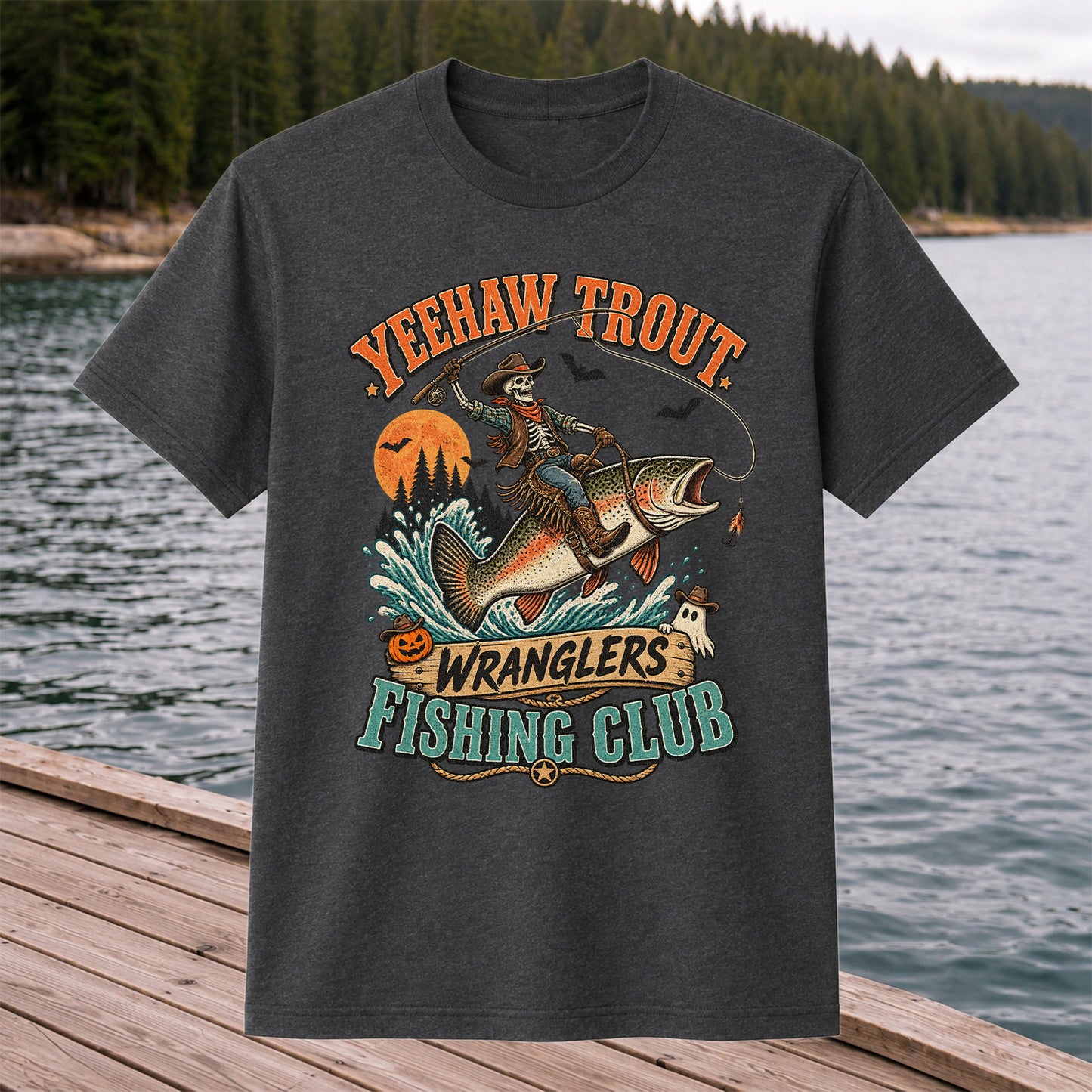 Yeehaw Trout Wranglers Fishing Club Halloween Skeleton Cowboy T-Shirt