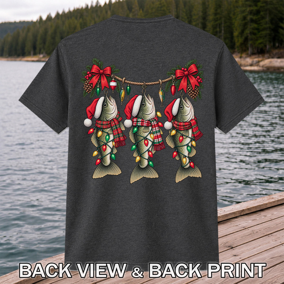 Christmas Fish Ornament Fishing Graphic T-Shirt | Back Print