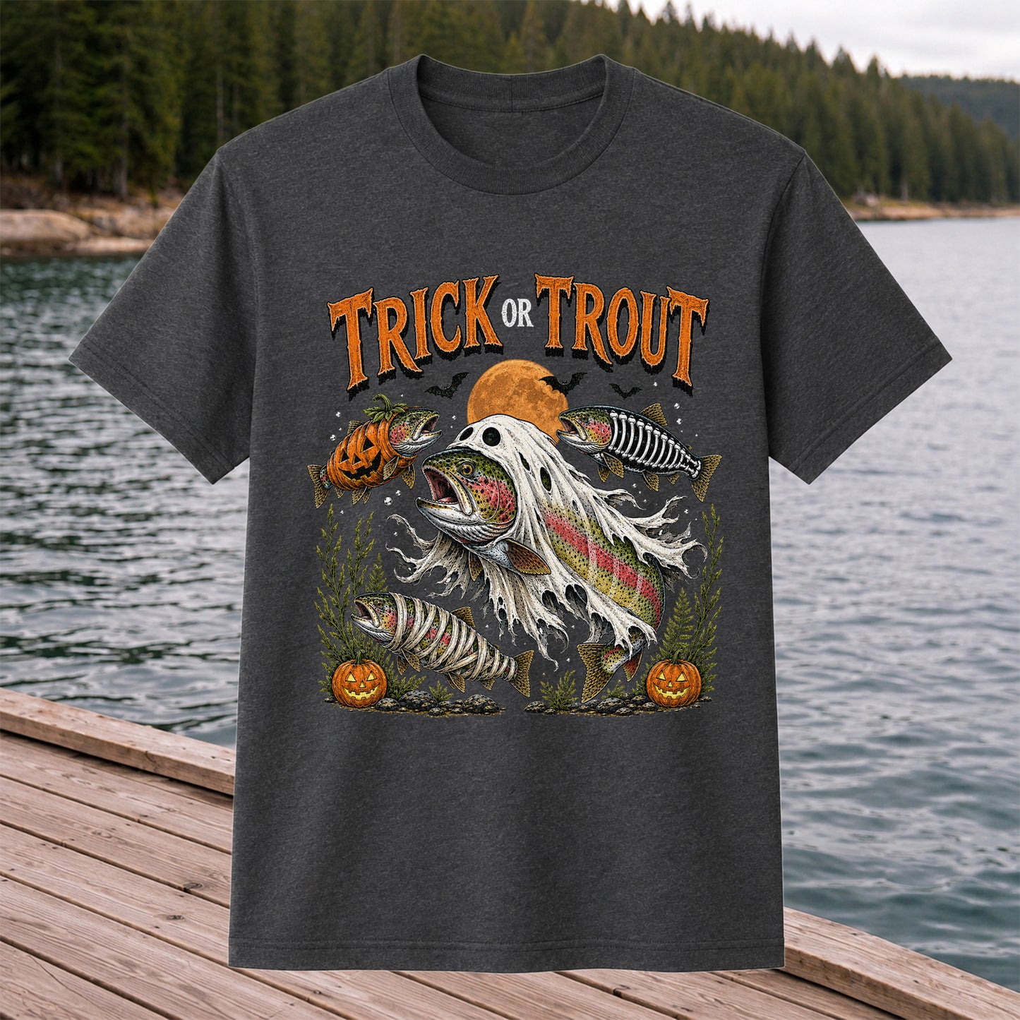 Trick or Trout Halloween T-Shirt Funny Trout Fishing Halloween Tee