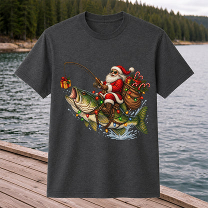 Santa Riding a Largemouth Bass Christmas Fishing Graphic T-Shirt