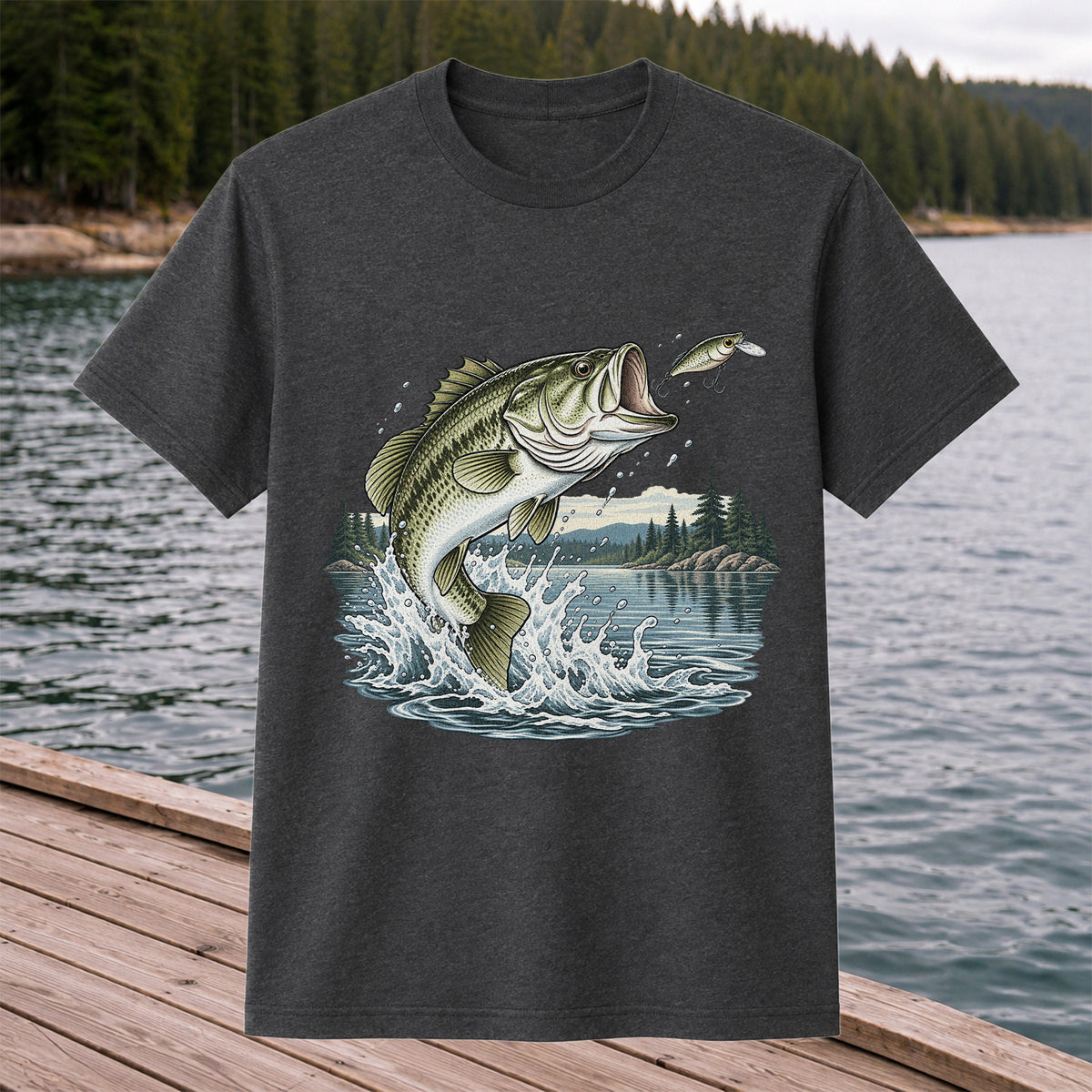 Jumping Largemouth Bass Chasing a Lure Lake Fishing Graphic T-Shirt