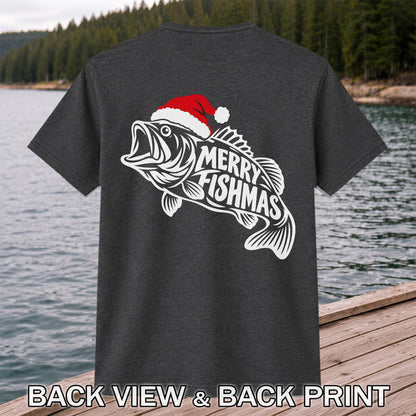 Santa Hat Fish Christmas Fishing Graphic T-Shirt | Back Print
