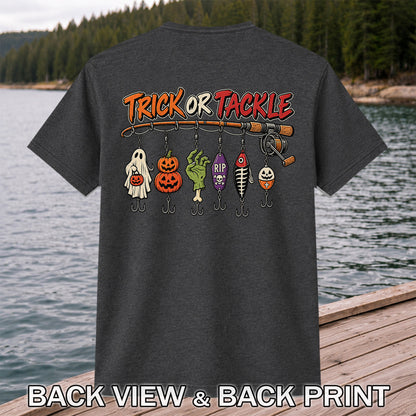 Trick or Tackle Halloween Ghost and Pumpkin Fishing Lures T-Shirt | Back Print