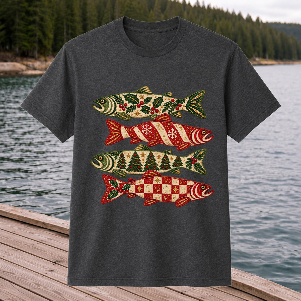 Christmas Trout Holiday Pattern Fishing Graphic T-Shirt