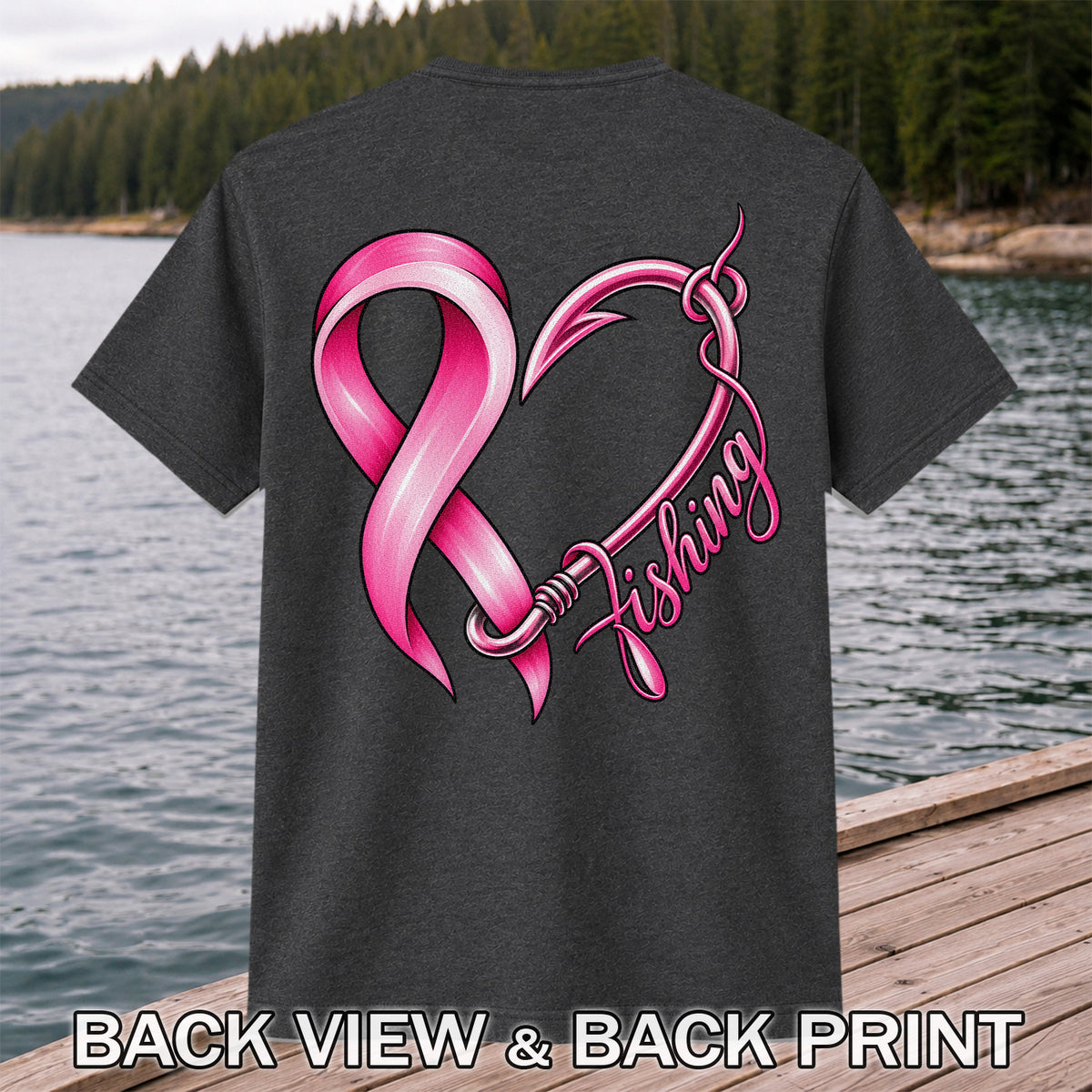Pink Ribbon Heart Fish Hook Fishing Graphic T-Shirt | Back Print