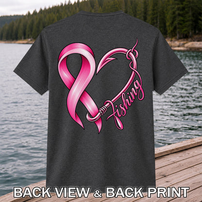 Pink Ribbon Heart Fish Hook Fishing Graphic T-Shirt | Back Print