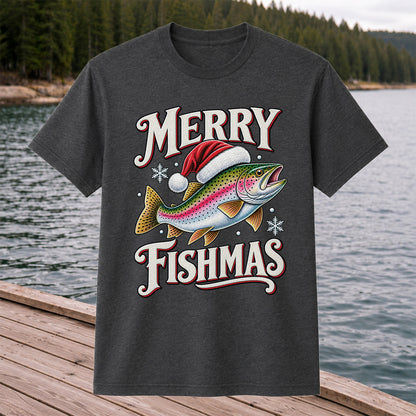 Merry Fishmas Rainbow Trout in a Santa Hat Christmas Fishing T-Shirt