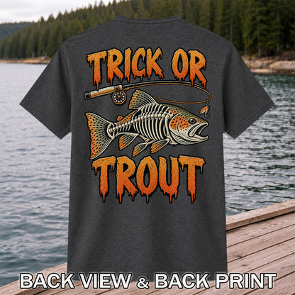 Trick or Trout Skeleton Trout Halloween Fly Fishing T-Shirt | Back Print