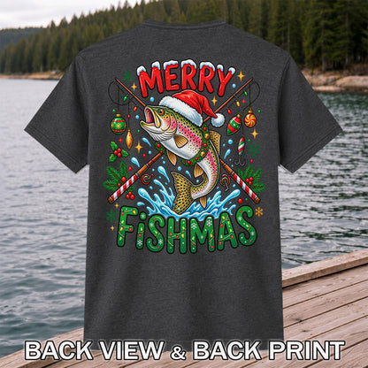 Merry Fishmas Santa Trout Christmas Fishing Graphic T-Shirt | Back Print