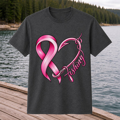 Pink Ribbon Heart Fish Hook Fishing Graphic T-Shirt