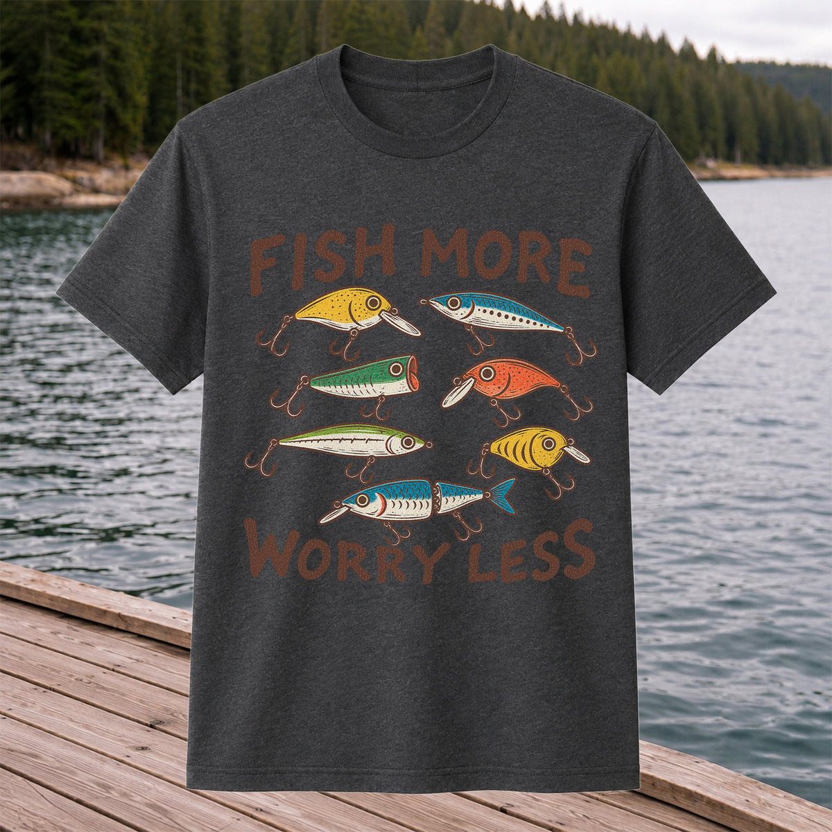 Colorful Fishing Lures and Hooks Graphic T-Shirt