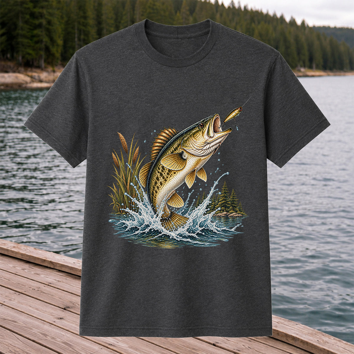 Jumping Bass Chasing a Lure Lake Fishing Graphic T-Shirt