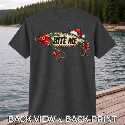 Bite Me Christmas Fishing Lure Funny Graphic T-Shirt | Back Print