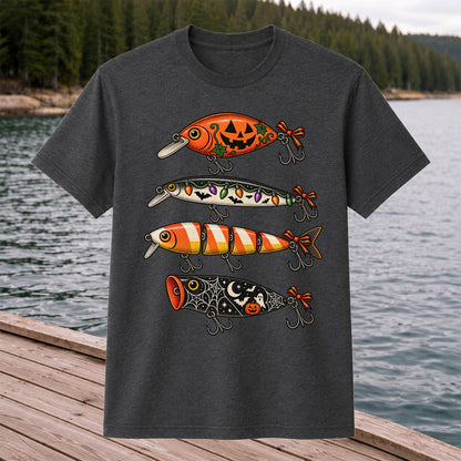 Halloween Fishing Lures with Pumpkin, Ghost and Candy Corn Graphic T-Shirt
