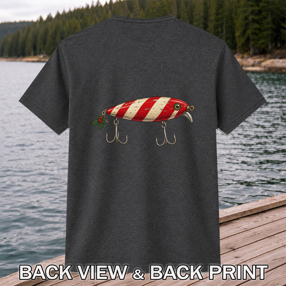 Vintage Red and Cream Fishing Lure Graphic T-Shirt | Back Print