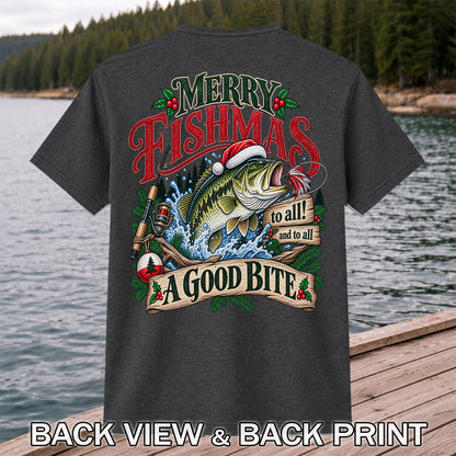 Merry Fishmas to All and to All a Good Bite Bass Fishing T-Shirt | Back Print