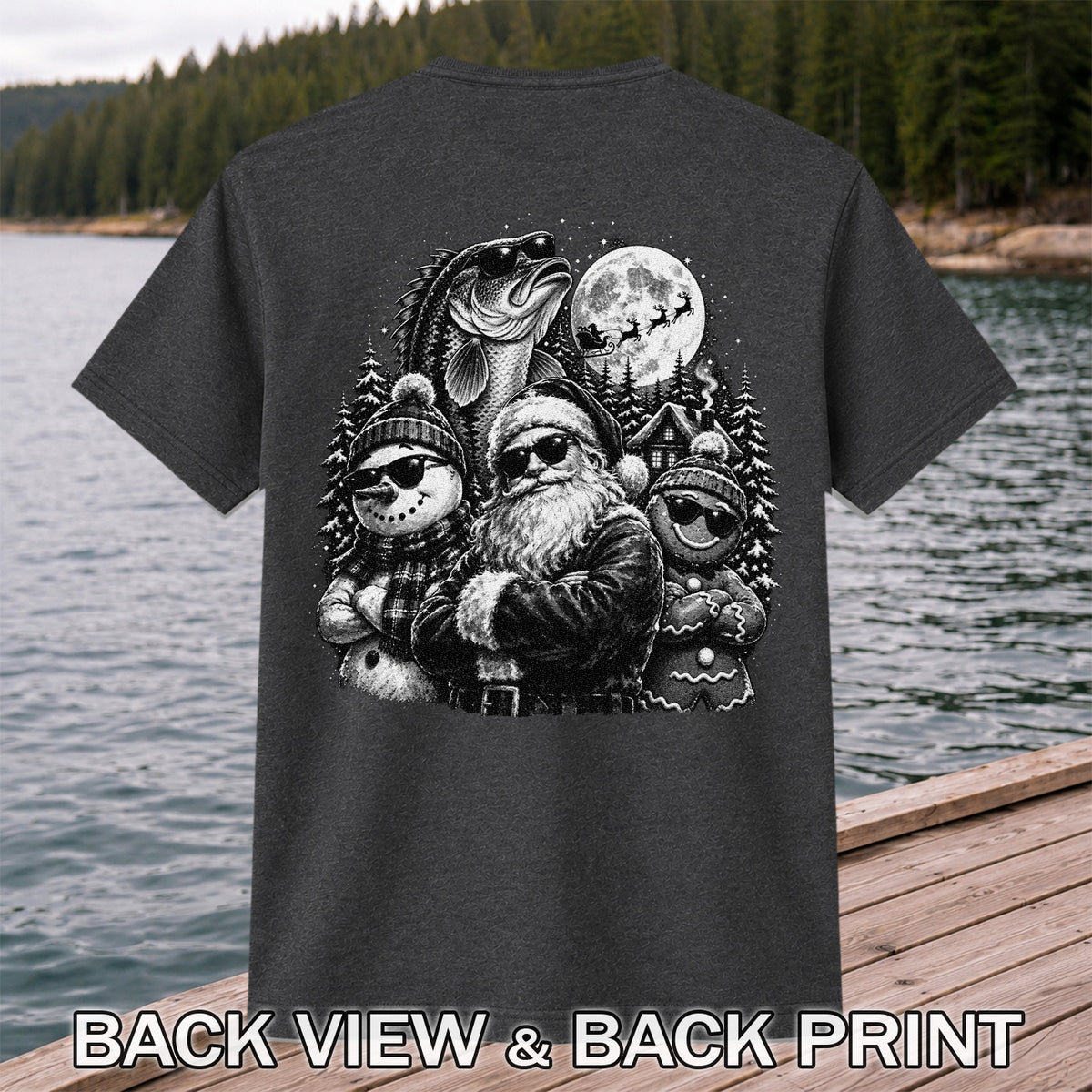 Santa Snowman Gingerbread and Bass Christmas Fishing T-Shirt | Back Print