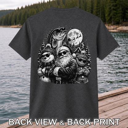 Santa Snowman Gingerbread and Bass Christmas Fishing T-Shirt | Back Print