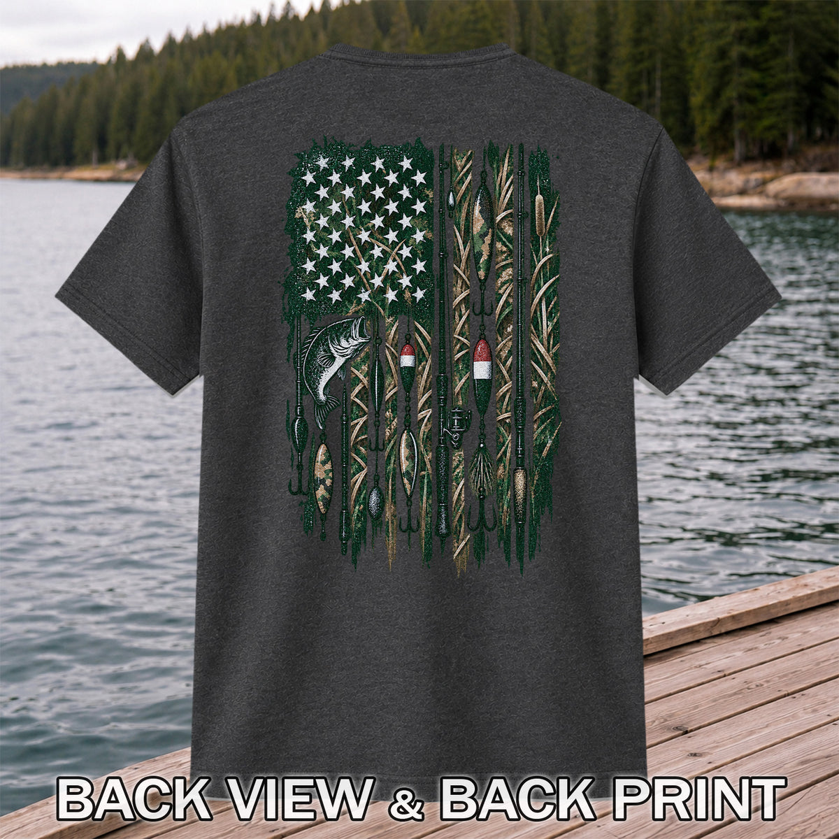 American Flag Bass Fishing Rods and Lures Graphic T-Shirt | Back Print