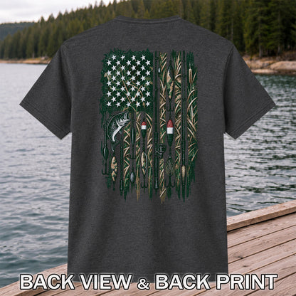American Flag Bass Fishing Rods and Lures Graphic T-Shirt | Back Print