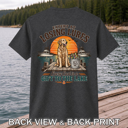 Expert at Losing Lures Golden Retriever Funny Fishing T-Shirt | Back Print