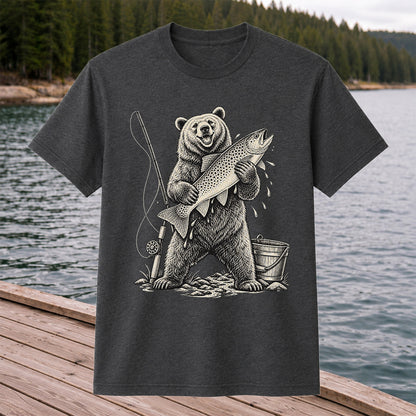Bear Holding Trout Fishing Graphic T-Shirt