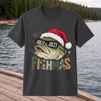 Bass Wearing Santa Hat and Holiday Glasses Fishing Graphic T-Shirt