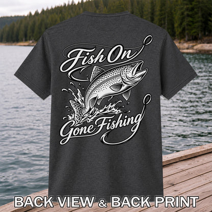 Fish On Gone Fishing Jumping Trout Graphic T-Shirt | Back Print