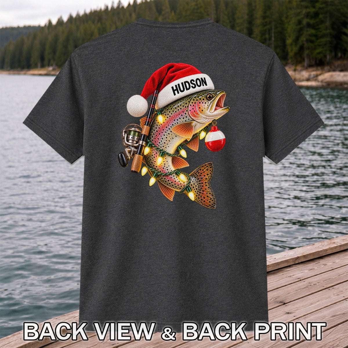 Hudson Santa Hat Rainbow Trout Christmas Fishing T-Shirt | Back Print