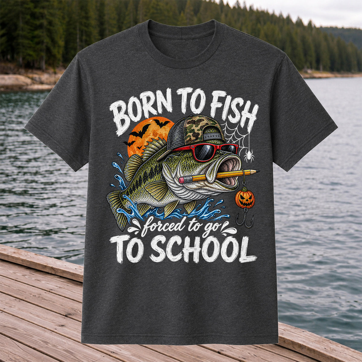 Born to Fish Forced to Go to School Halloween Bass Fishing T-Shirt