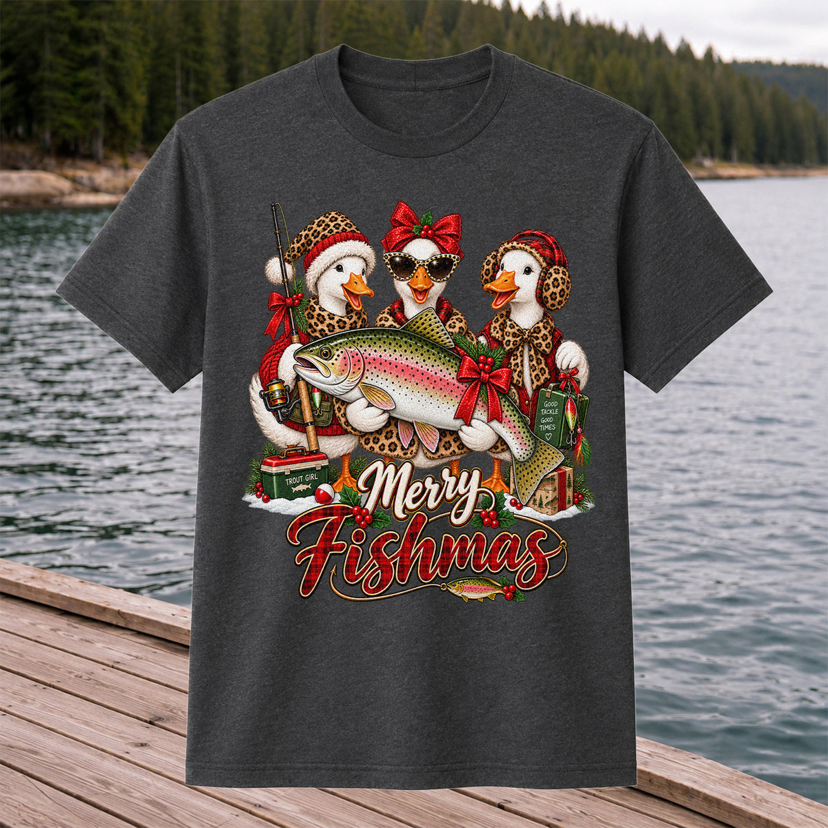 Merry Fishmas Christmas Ducks with Rainbow Trout Fishing T-Shirt