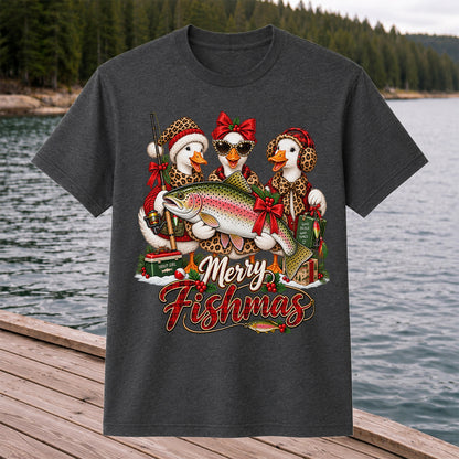 Merry Fishmas Christmas Ducks with Rainbow Trout Fishing T-Shirt