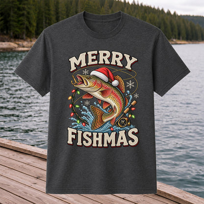 Merry Fishmas Santa Hat Rainbow Trout Fishing T-Shirt