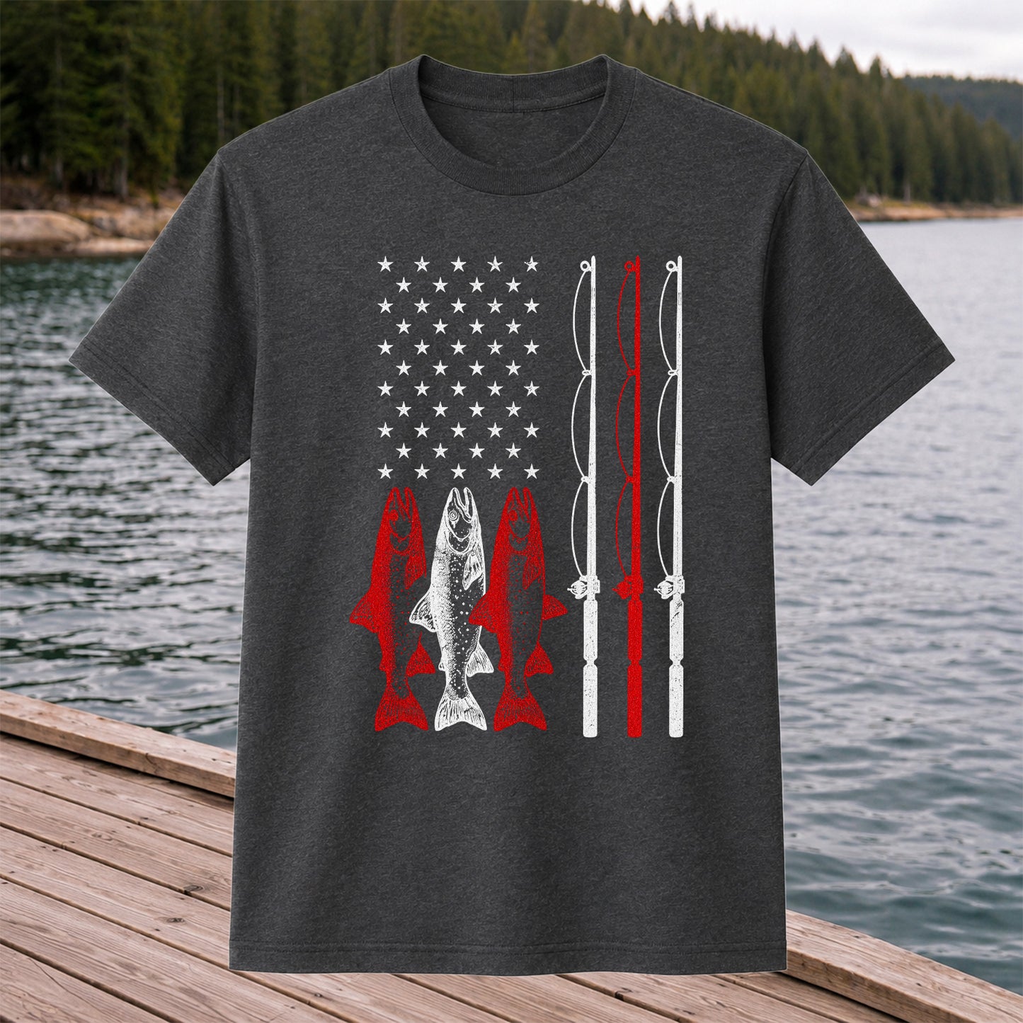 American Flag Trout and Fishing Rods Patriotic T-Shirt