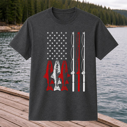 American Flag Trout and Fishing Rods Patriotic T-Shirt
