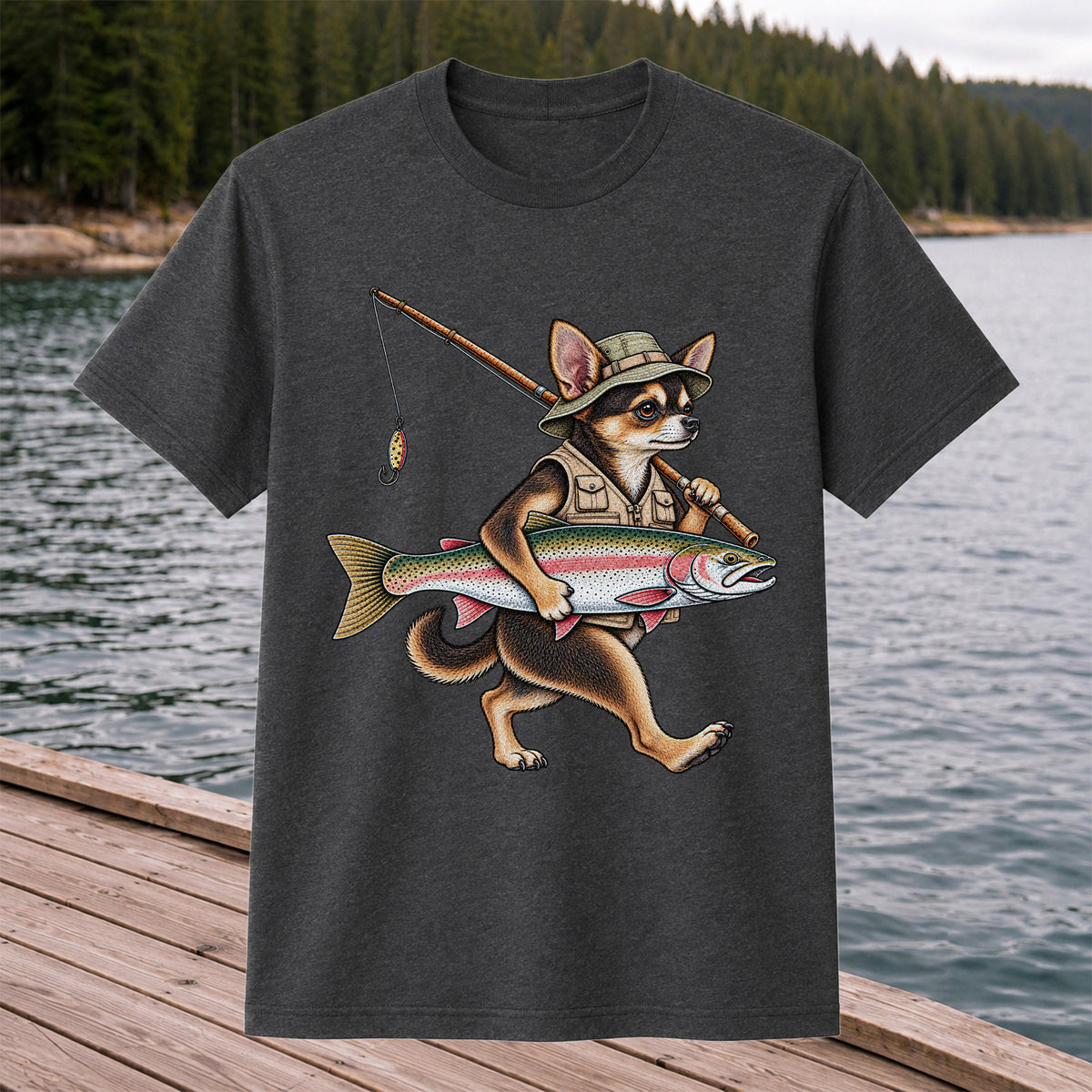 Chihuahua Angler Carrying Rainbow Trout and Fishing Rod Graphic T-Shirt