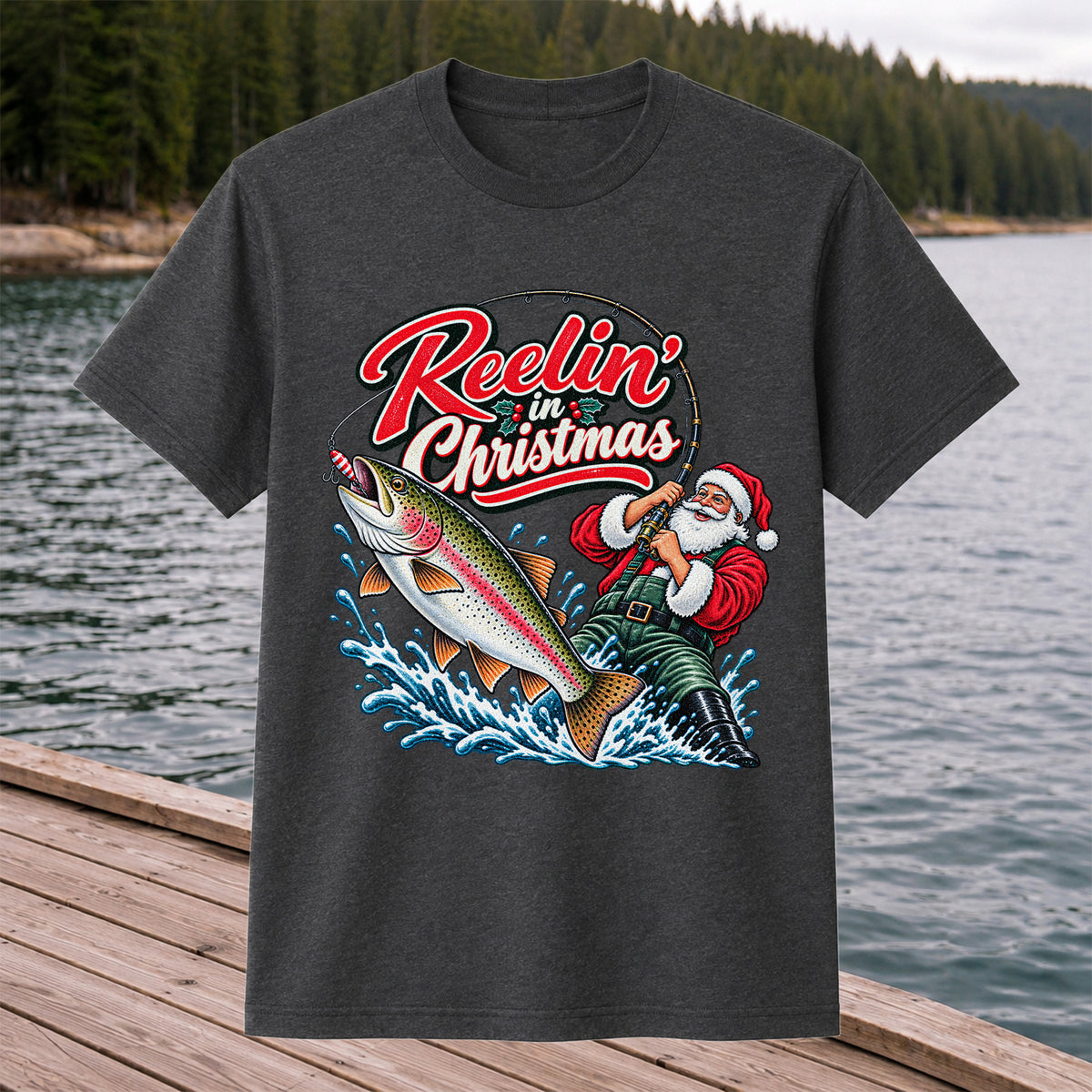 Reelin' in Christmas Santa Rainbow Trout Fishing T-Shirt
