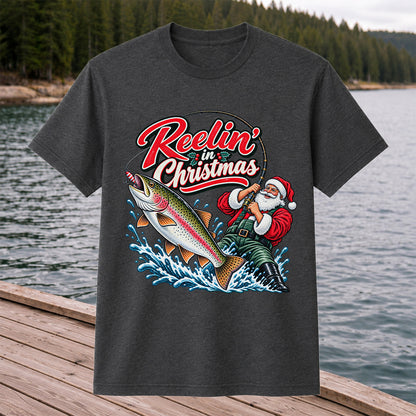 Reelin' in Christmas Santa Rainbow Trout Fishing T-Shirt