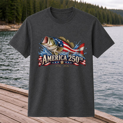 America 250th 1776–2026 American Flag Bass Fishing T-Shirt