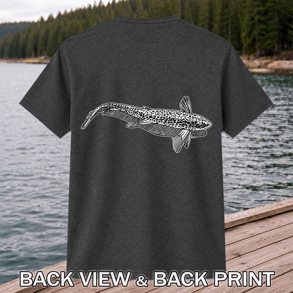 Black and White Trout Line Art Fishing Graphic T-Shirt | Back Print