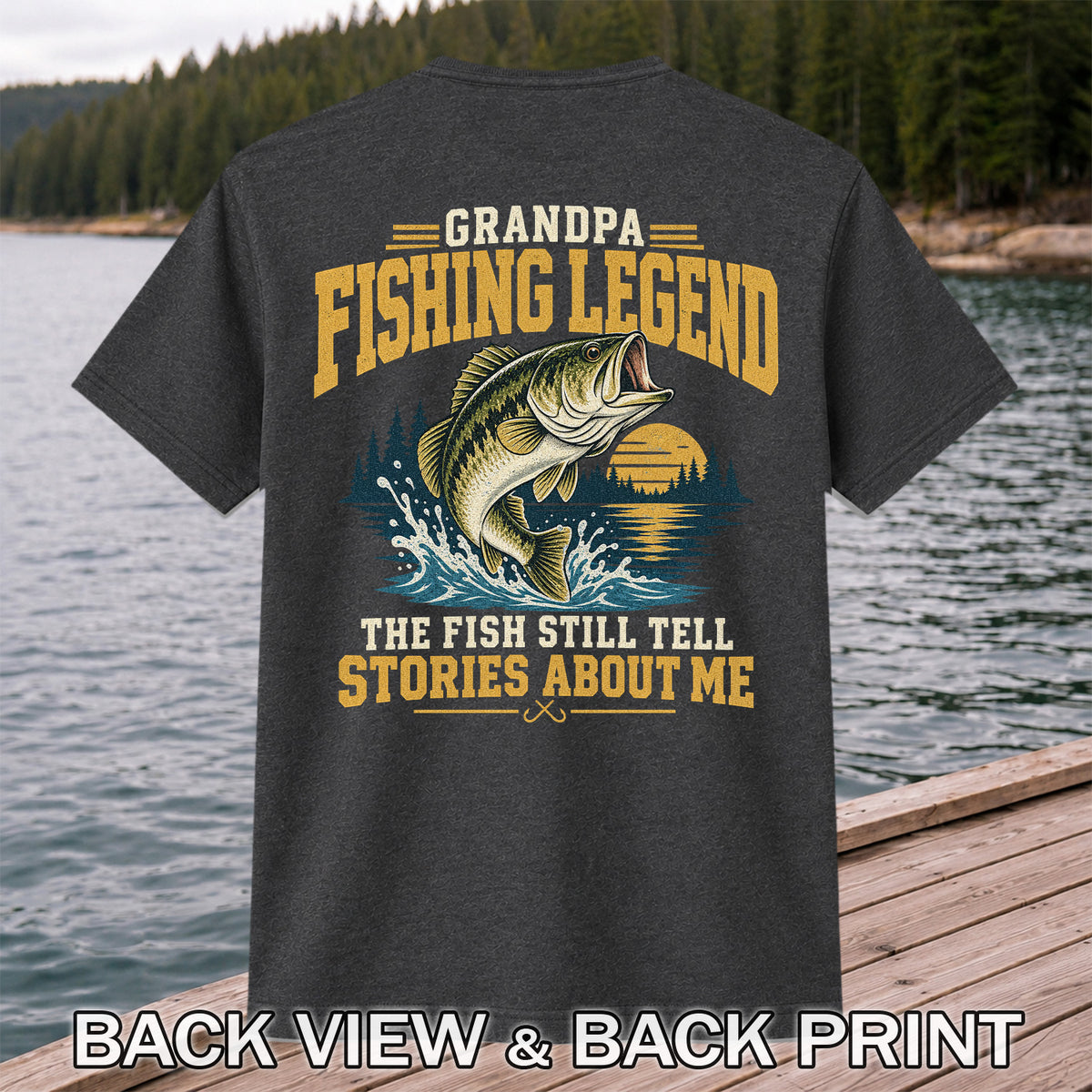 Grandpa Fishing Legend Jumping Bass Vintage Fishing T-Shirt | Back Print